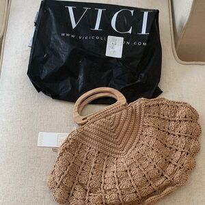 Vici Brown Shell Crochet Tote with Wooden Handles